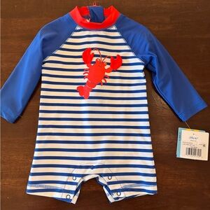 Little Me Blue and White Striped Rashguard with Red Lobster